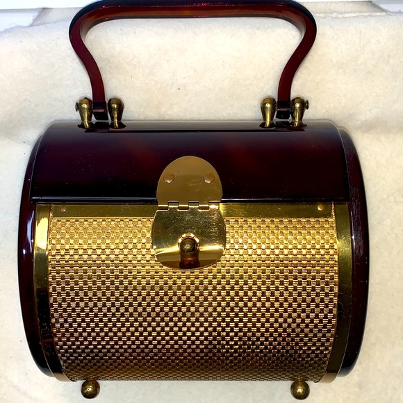 Vintage Handbags - Vintage-1950s-Dorset-Rex-Fifth-Avenue-Purse-Gold-Metal-and-Brown Lucite-Plastic